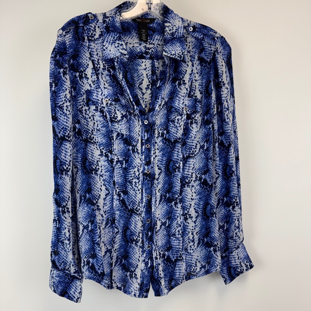 White House Black Market Silk Button Down Blouse Blue Print‎ Size 4